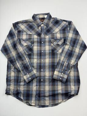 Plains Shirt Mens XL Blue Plaid Long Sleeve Western Snap Button Cowboy Casual